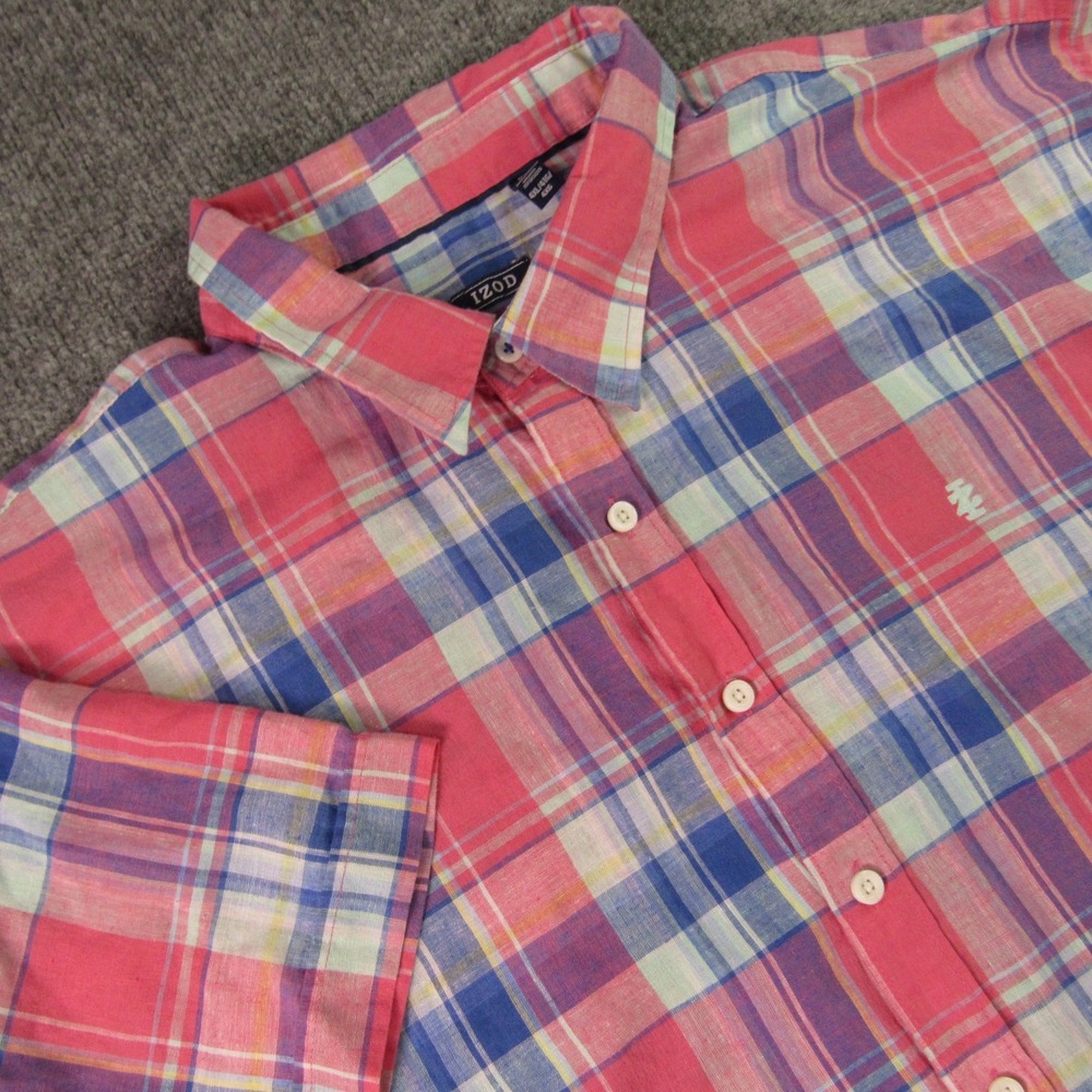 Izod Shirt Men 4XL Linen Blend Plaid Short‎ Sleeve Button Down Pink Blue Easter